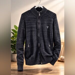 GUESS Los Angeles Zip Up Sweater Mens Large Ribbed Moto Knit Jacket Black